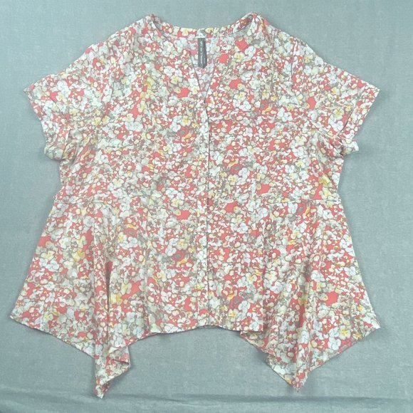 Penningtons Blouse Womens 2X Button Down Floral Orange White Tunic Flowy V-Neck - Picture 1 of 11